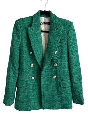 Zara Emerald Green Double-Breasted Tweed Blazer Size Small